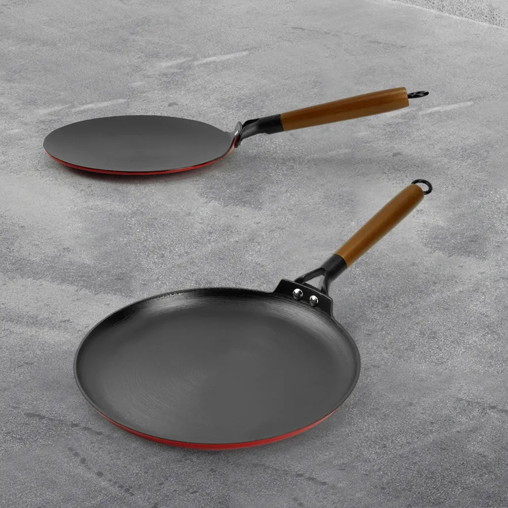 Lightweight enamel cast iron frying pan - with durable wooden handle - red