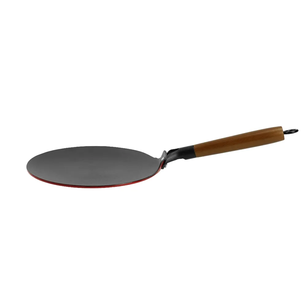 Lightweight enamel cast iron frying pan - with durable wooden handle - red