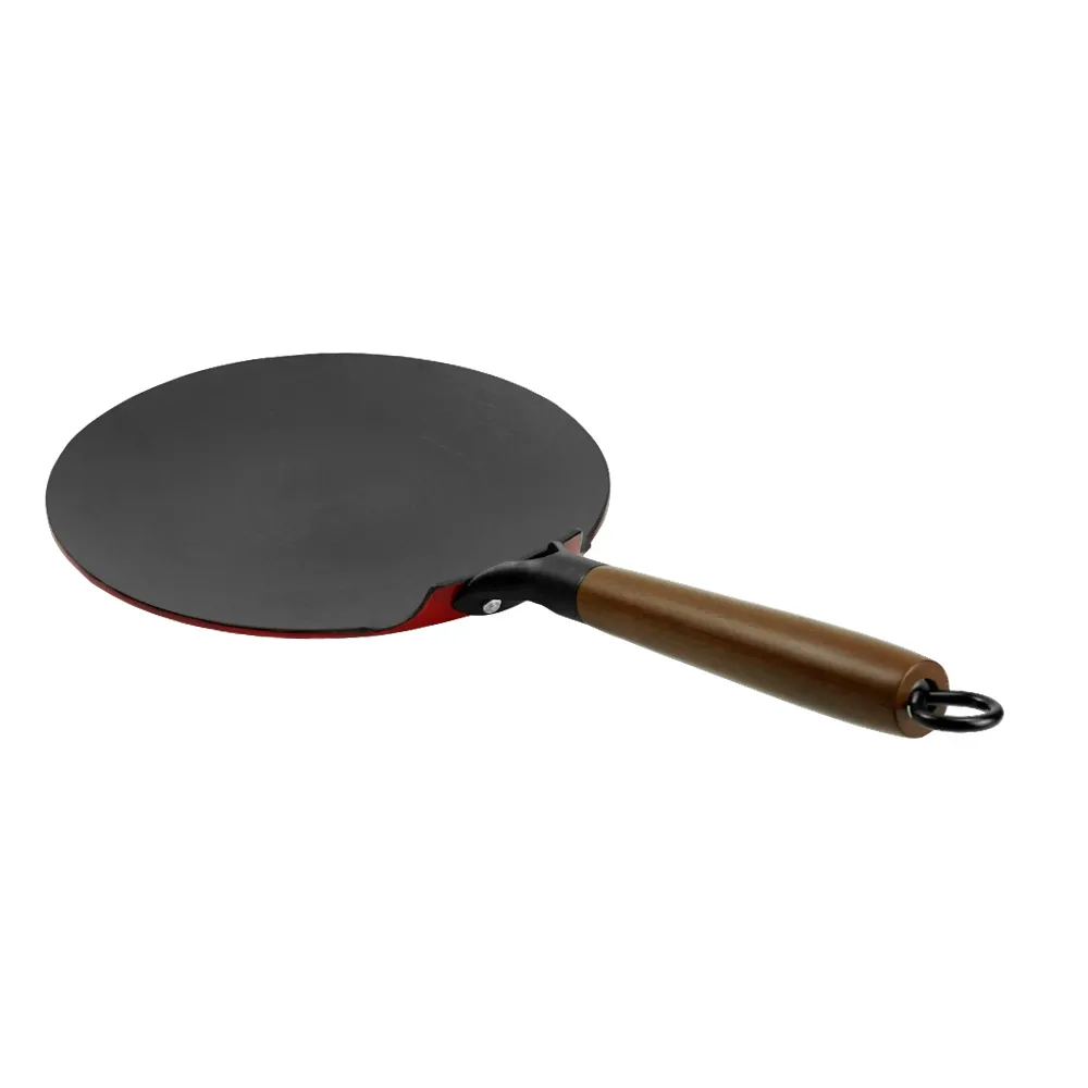 Lightweight enamel cast iron frying pan - with durable wooden handle - red