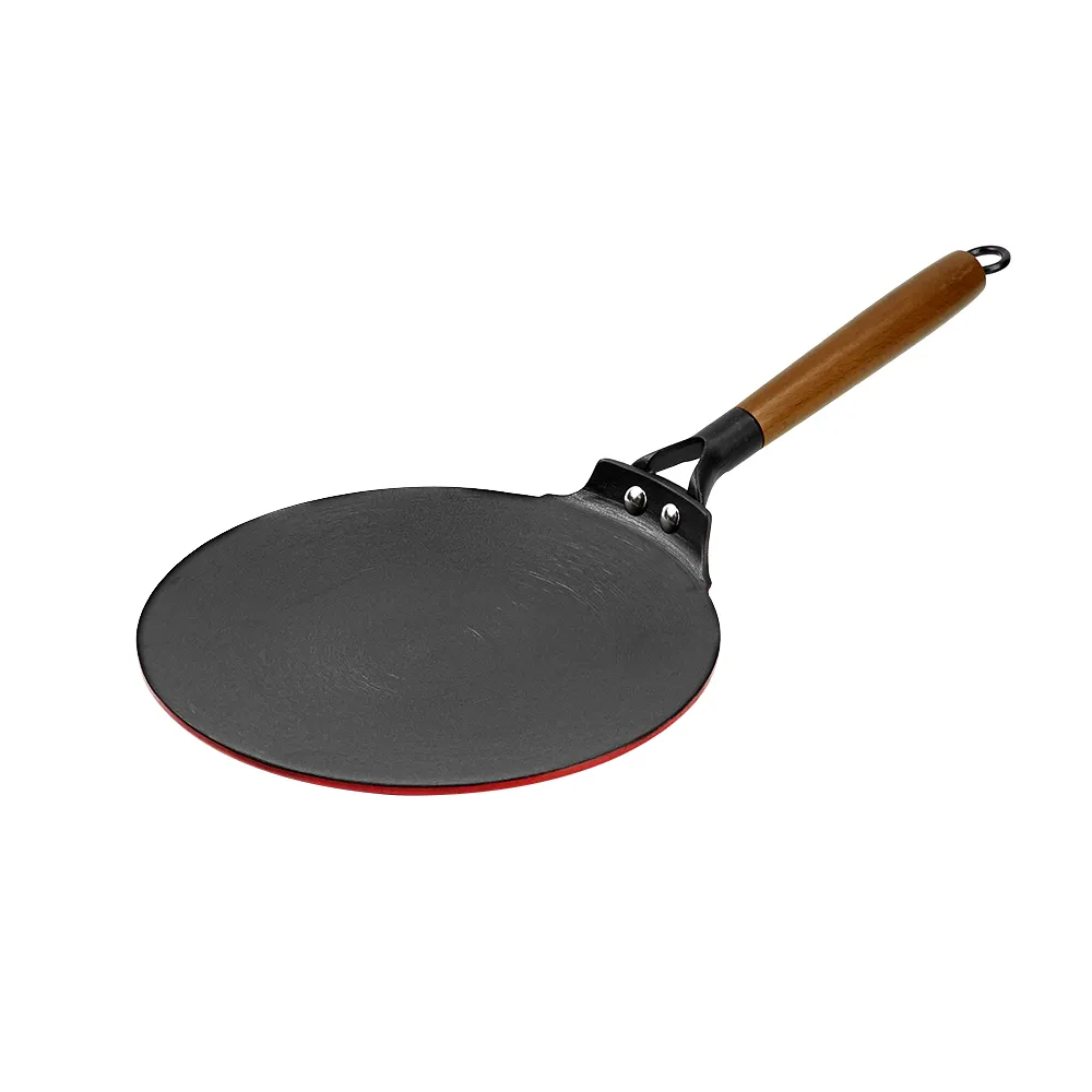 Lightweight enamel cast iron frying pan - with durable wooden handle - red