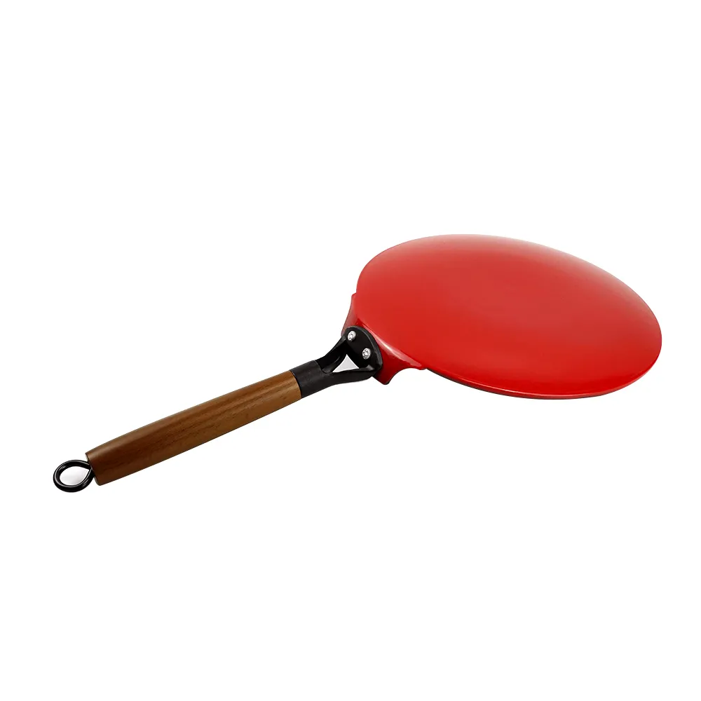 Lightweight enamel cast iron frying pan - with durable wooden handle - red