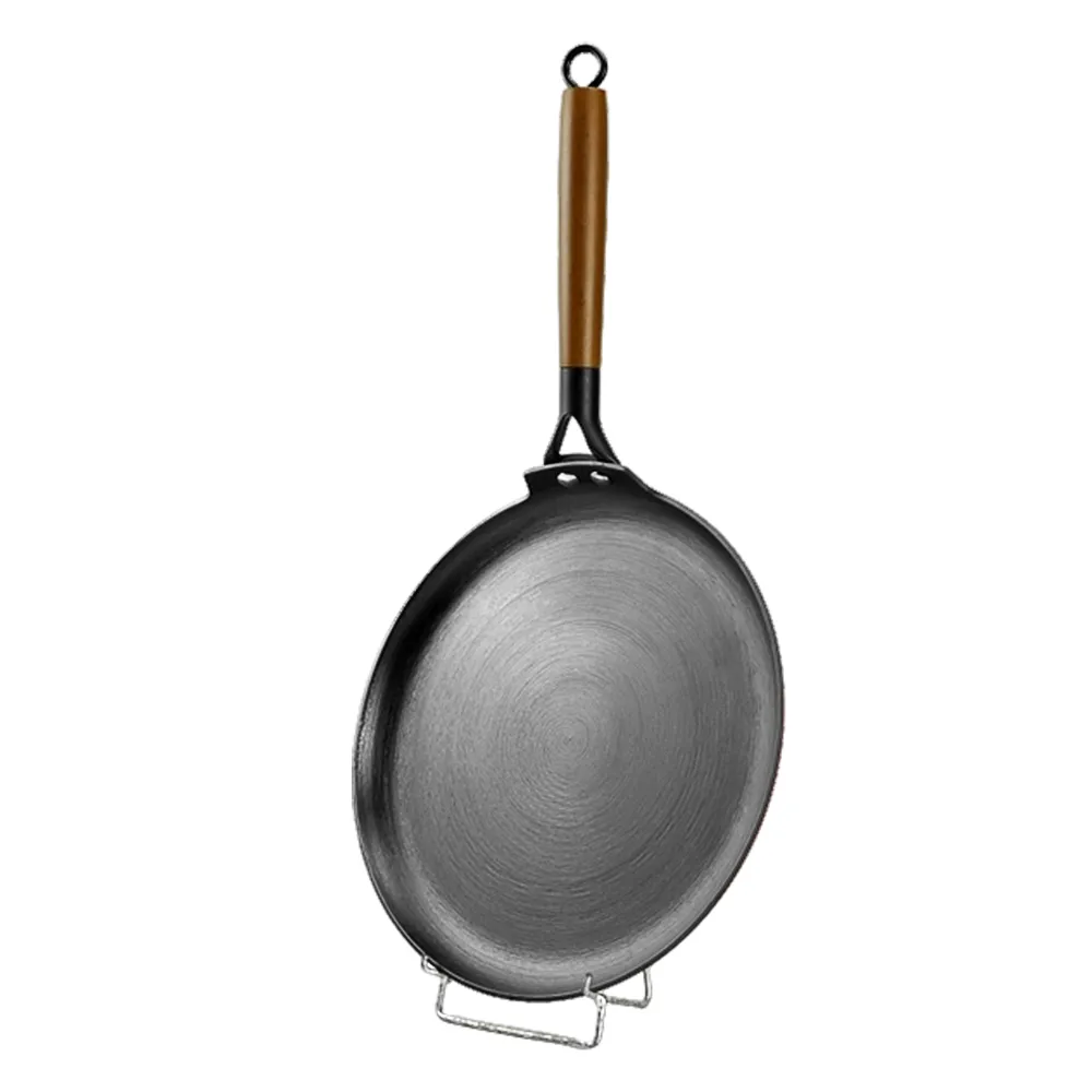 Lightweight enamel cast iron frying pan - with durable wooden handle - red