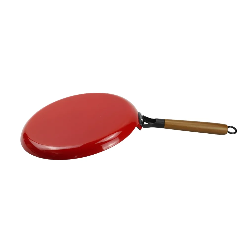 Lightweight enamel cast iron frying pan - with durable wooden handle - red