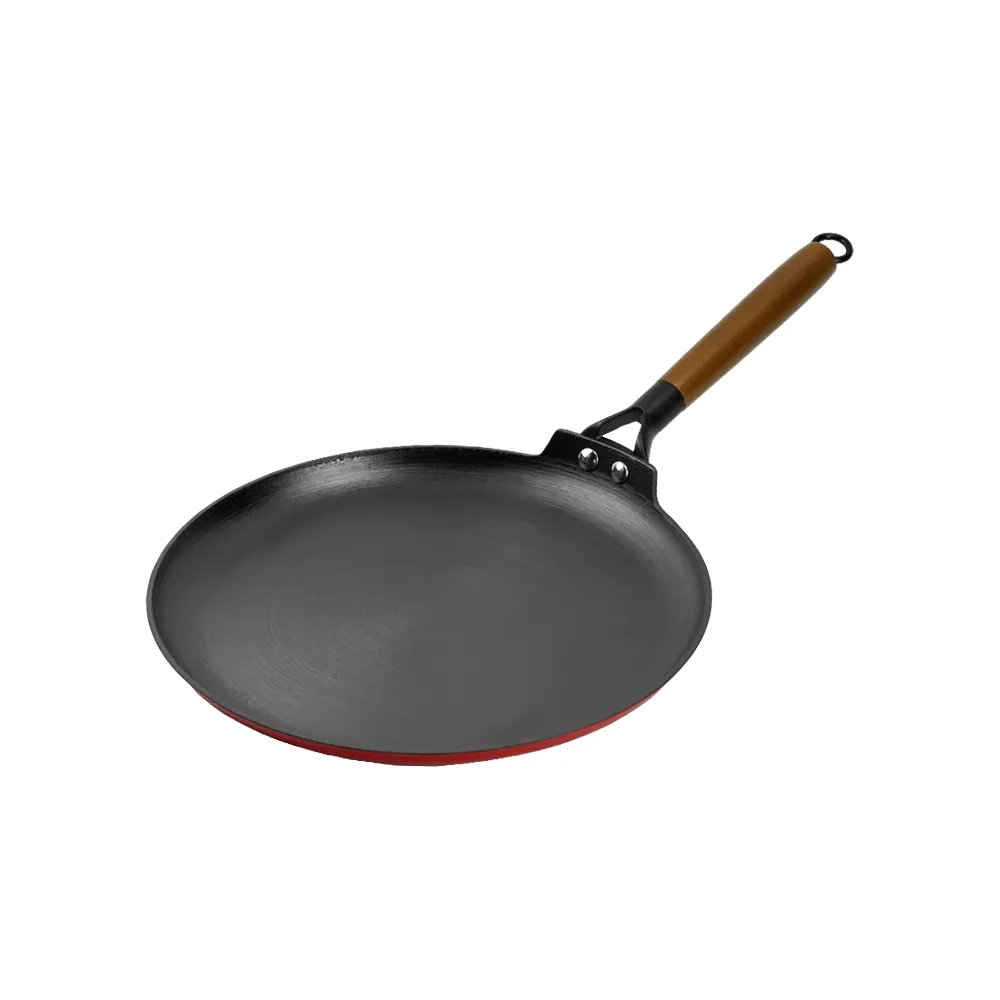 Lightweight enamel cast iron frying pan - with durable wooden handle - red