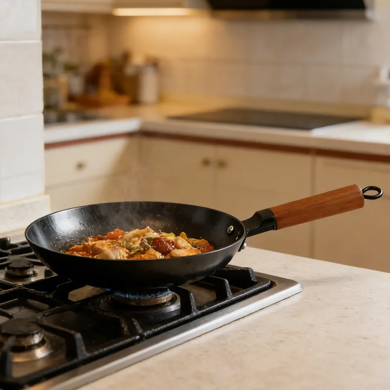 Nitrided cast iron frying pan, square wooden-handled frying pan
