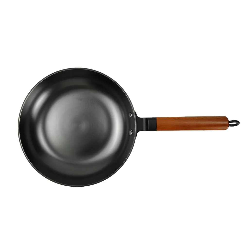 Nitrided cast iron frying pan, square wooden-handled frying pan