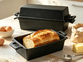 A cast iron rectangular bread pan