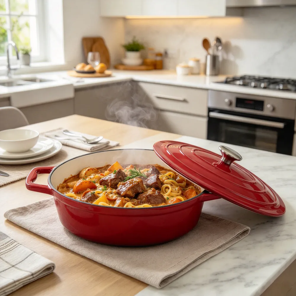 Dutch oven, oval-shaped colored enamel cast iron pot