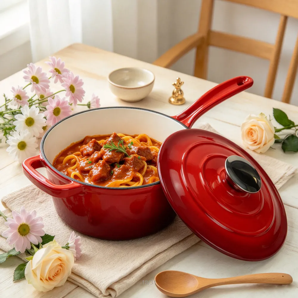 Enamel cast iron frying pan with lid for making pasta sauce, soup and milk