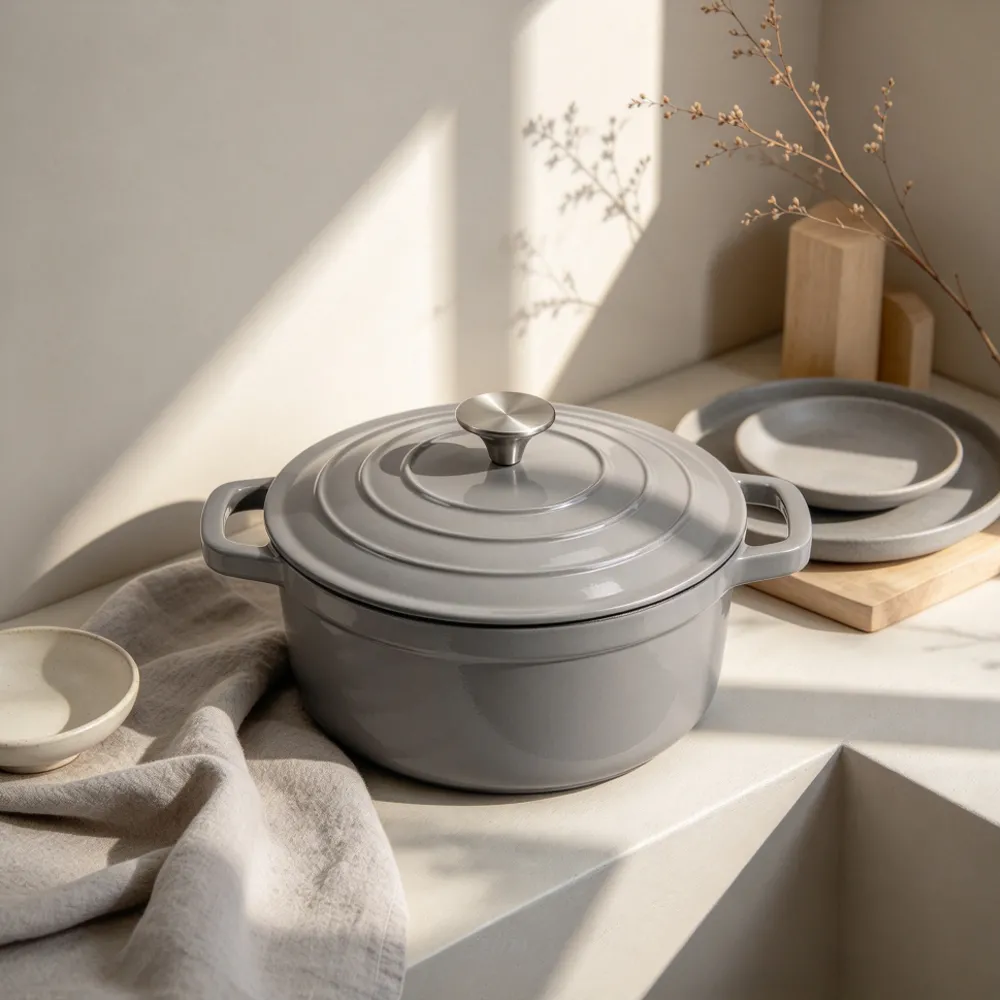 Enamel cast iron Dutch pot with lid kitchenware is suitable for stewing, baking and bread baking in gray