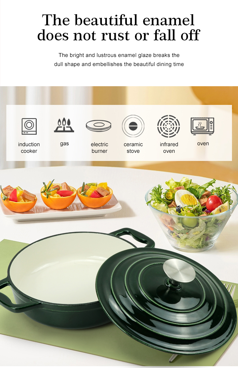 Enamel cast iron steamer and flat pan with sealed lid, suitable for baking, stir-frying and deep-frying