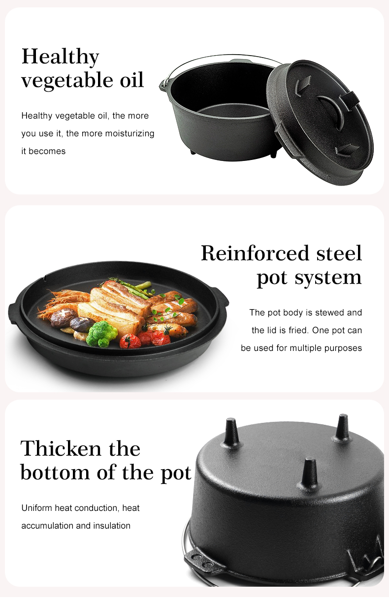 Outdoor 2-in-1 round cast iron pre-seasoned Dutch oven, cast iron barbecue pot, camping pot Dutch oven, cast iron camping oven
