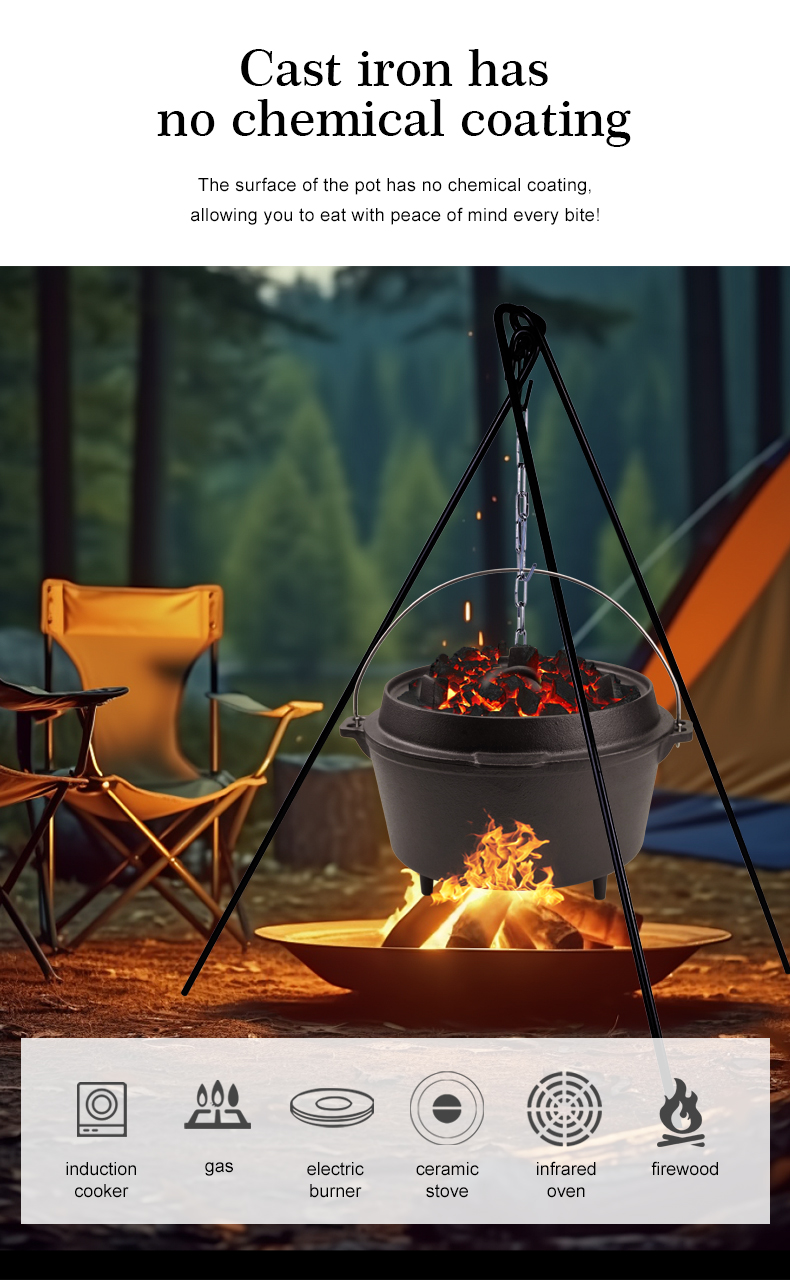 Outdoor 2-in-1 round cast iron pre-seasoned Dutch oven, cast iron barbecue pot, camping pot Dutch oven, cast iron camping oven
