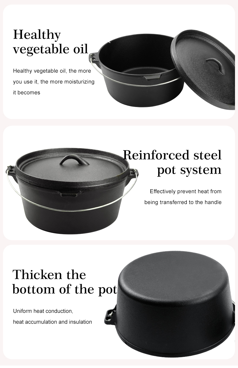 Camping Dutch pot, pre-treated cast iron camping Dutch pot with lid, suitable for ovens, stoves, barbecue grills or campfires - metal handle
