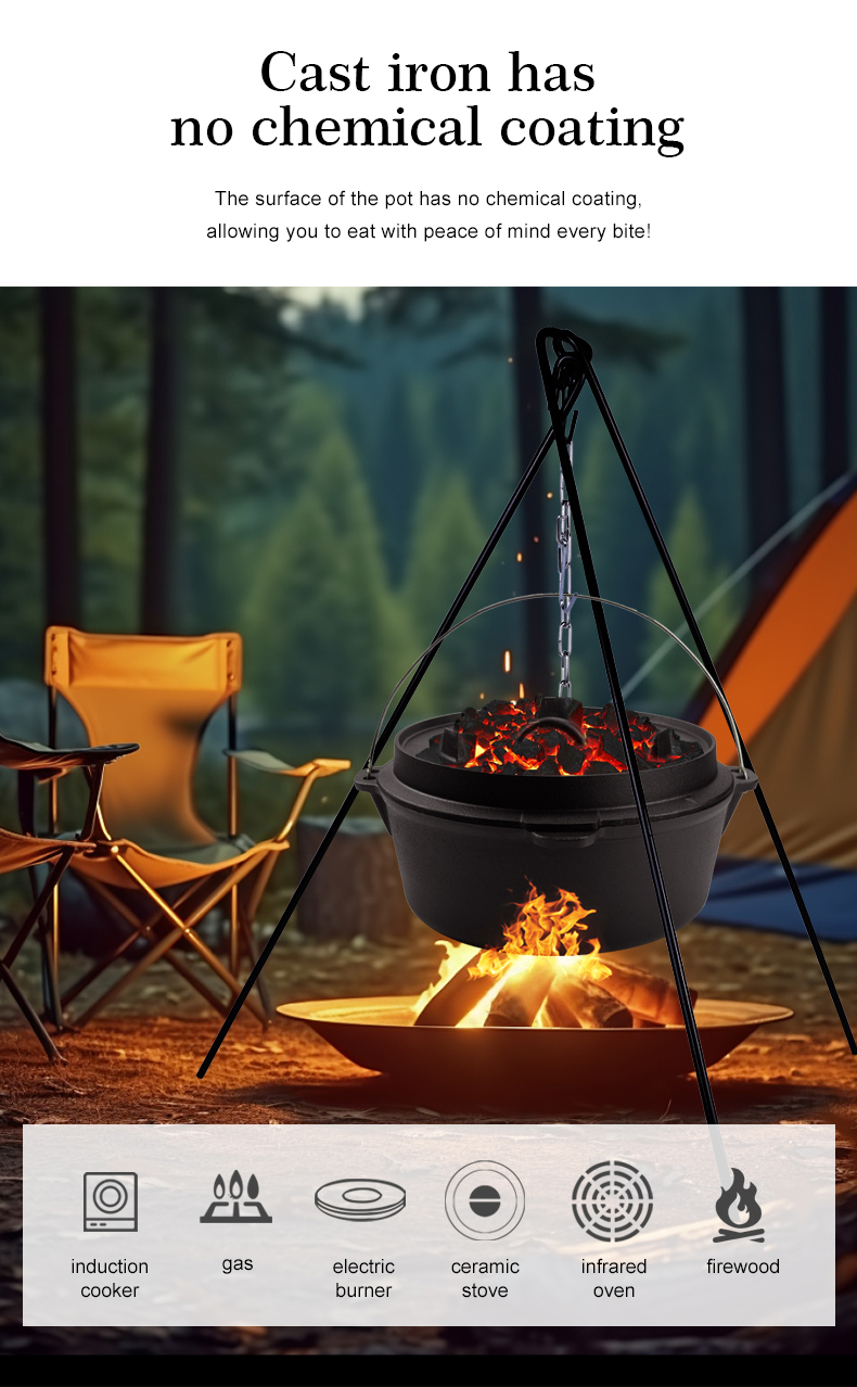 Camping Dutch pot, pre-treated cast iron camping Dutch pot with lid, suitable for ovens, stoves, barbecue grills or campfires - metal handle