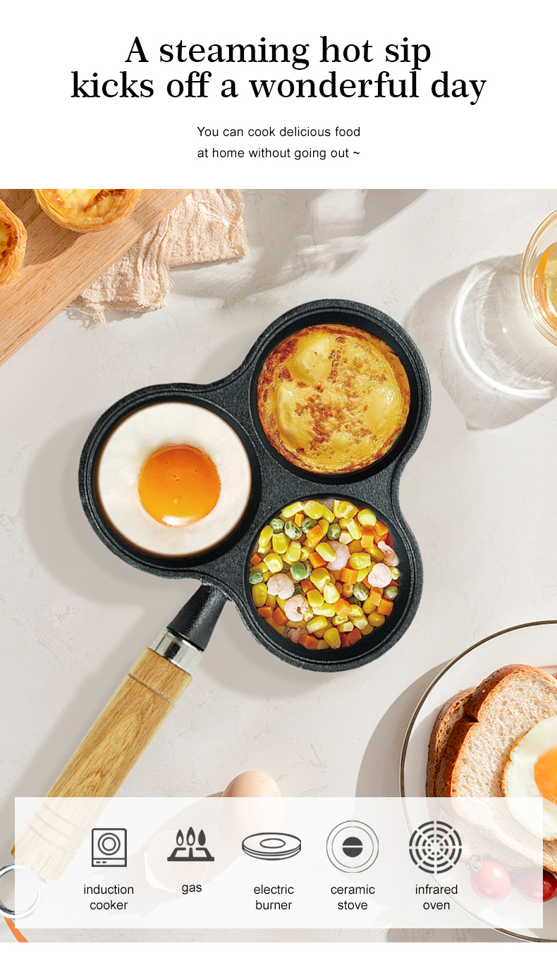 Non-stick frying pan,3 cups of cast-iron separated baking trays with wooden handles, breakfast egg frying pan