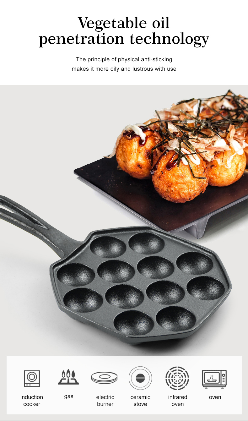 12-hole baking tray, cast iron non-stick cooking tray, pancake tray, octopus ball baking machine, suitable for quail eggs, octopus, black non-stick frying pan