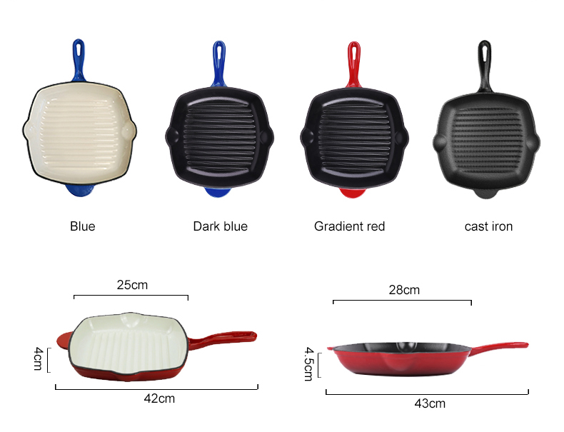 28cm with Handle Enamel Square Shape Cast Iron Grill Pan Wholesale Customized Kitchen Steak Cookware Cast Iron Grill Pan