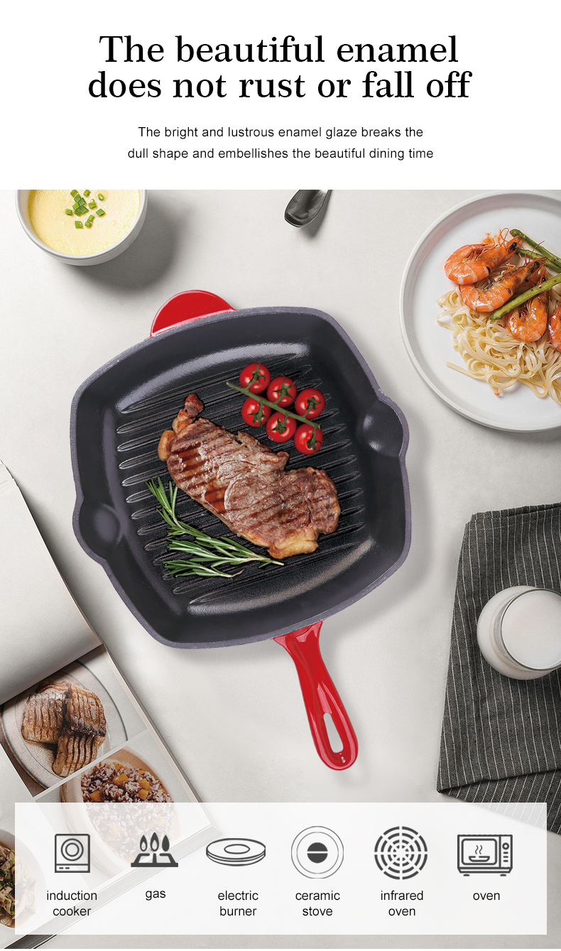 28cm with Handle Enamel Square Shape Cast Iron Grill Pan Wholesale Customized Kitchen Steak Cookware Cast Iron Grill Pan