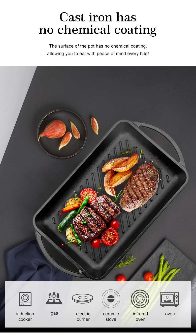 High Quality Chinese Manufacturing Supplier Black Customizable Rectangular Vegetable Oil Coated 33cm Cast Iron Dish Pan