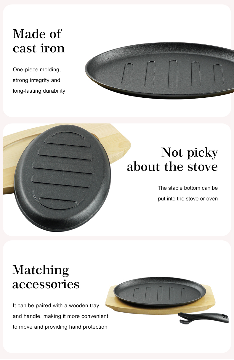 The cast-iron steak plate and oval-shaped frying pan with a wooden base are suitable for kitchens and dining rooms
