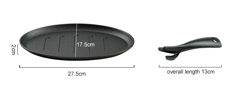 The cast-iron steak plate and oval-shaped frying pan with a wooden base are suitable for kitchens and dining rooms