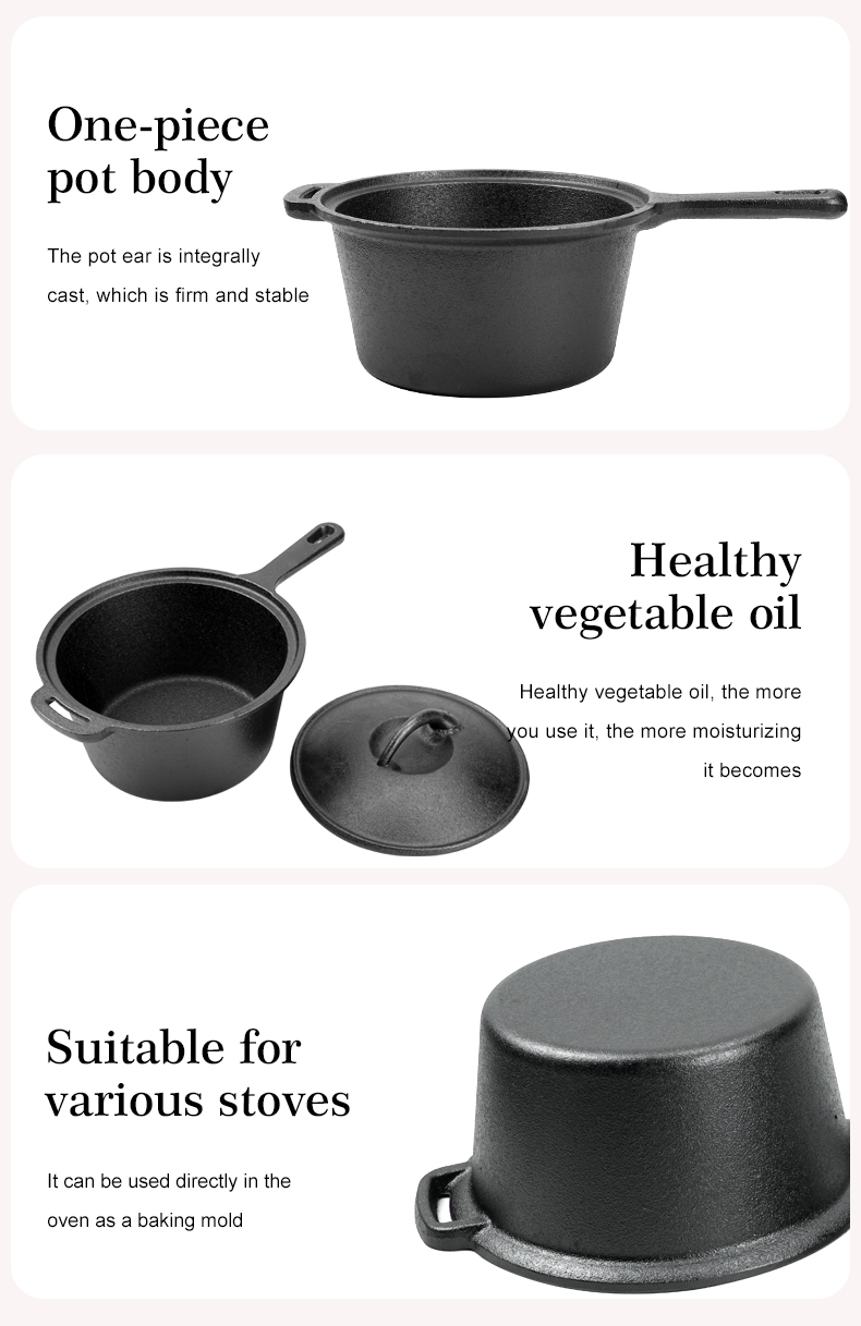 Cast iron stew pot, Dutch pot with lid and ring-shaped handle, camping cookware and flat pot suitable for both indoor and outdoor use
