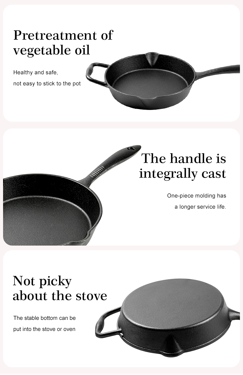 Cast iron frying pan with perforated handle,cast iron cookware with pouring port,convenient for indoor/outdoor use,stove/barbecue/oven/bonfire