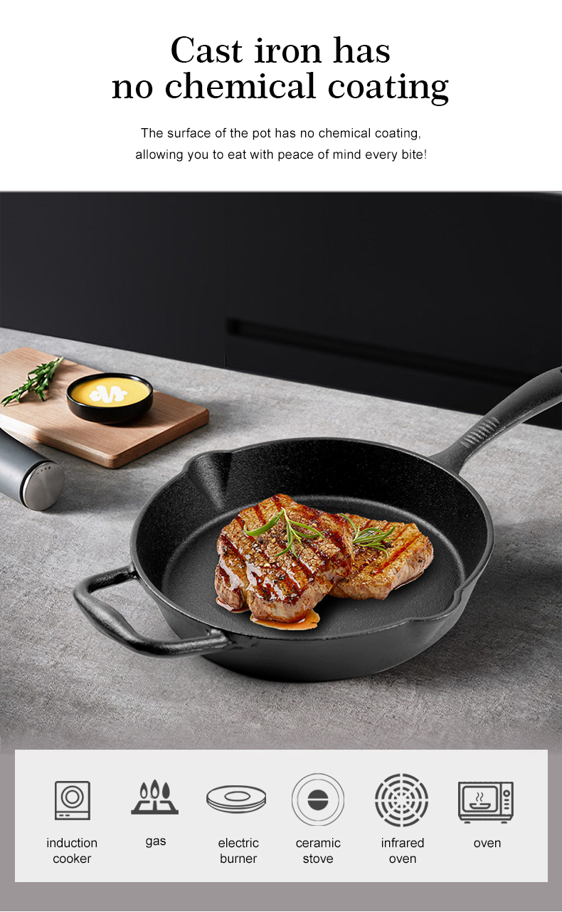 Cast iron frying pan with perforated handle,cast iron cookware with pouring port,convenient for indoor/outdoor use,stove/barbecue/oven/bonfire