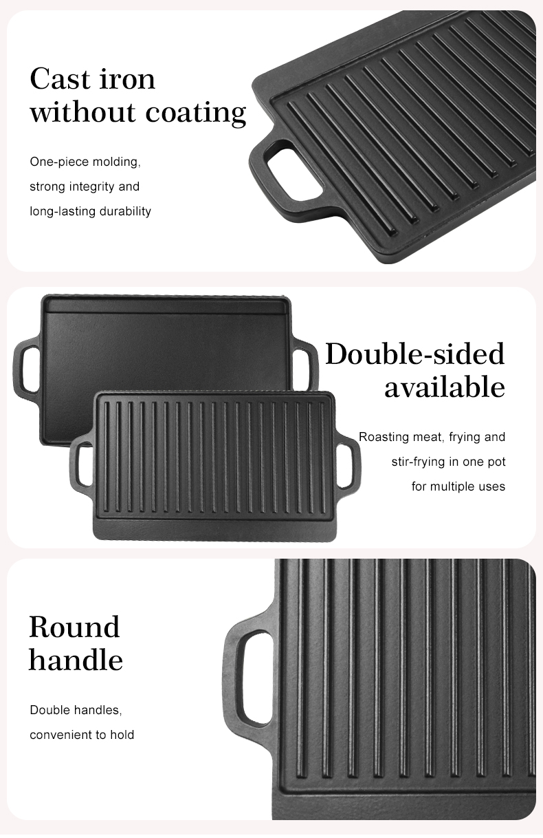 2-in-1 double-sided cast iron baking pan with handle, pre-treated non-stick pan, suitable for gas stoves, ovens and open flames.