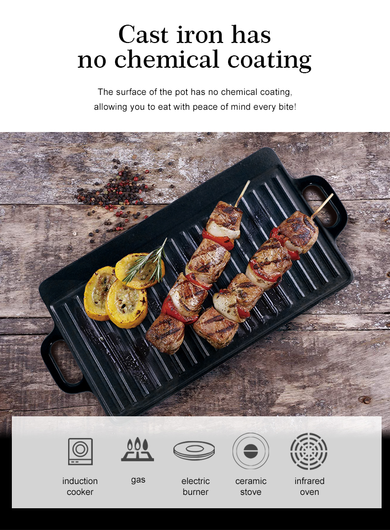 2-in-1 double-sided cast iron baking pan with handle, pre-treated non-stick pan, suitable for gas stoves, ovens and open flames.