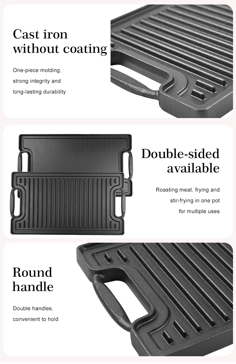 Double-sided cast iron double-burner baking tray, multi-purpose pre-treated pancake pan with handle - suitable for most stoves, grills and fireplaces.