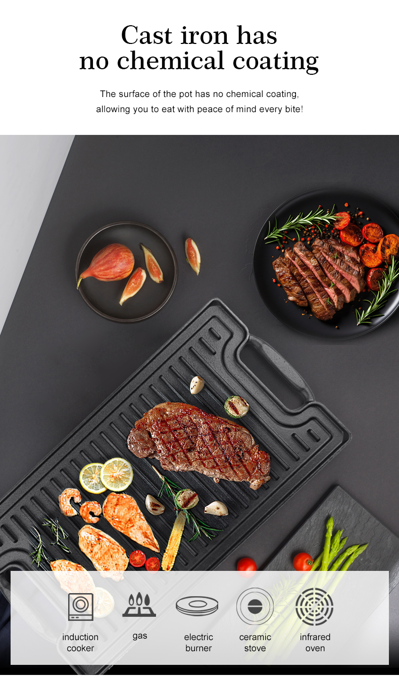 Double-sided cast iron double-burner baking tray, multi-purpose pre-treated pancake pan with handle - suitable for most stoves, grills and fireplaces.