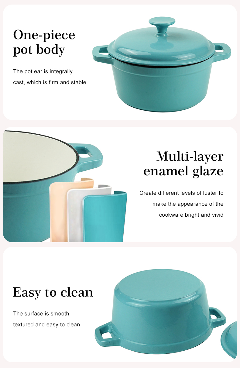 Enamel cast iron Dutch pot with lid and double handles for cooking, baking and stewing. It is healthy and sturdy.