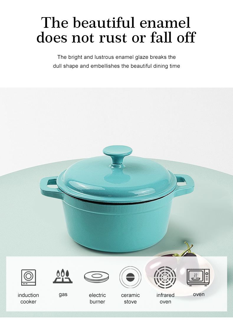 Enamel cast iron Dutch pot with lid and double handles for cooking, baking and stewing. It is healthy and sturdy.