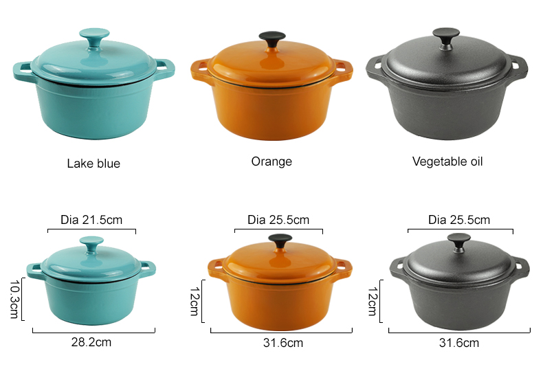 Enamel cast iron Dutch pot with lid and double handles for cooking, baking and stewing. It is healthy and sturdy.