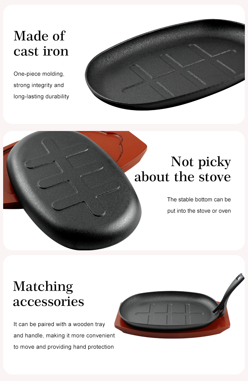 Cast iron frying pan set with wooden base, anti-scalding protection and detachable handle, suitable for restaurant kitchens, cooking accessories, barbecue parties