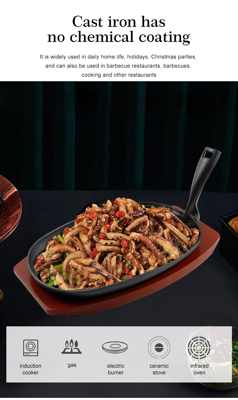 Cast iron frying pan set with wooden base, anti-scalding protection and detachable handle, suitable for restaurant kitchens, cooking accessories, barbecue parties