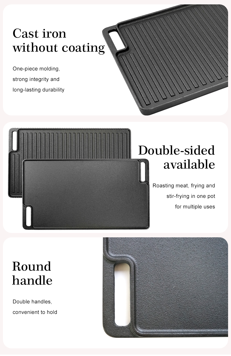 Double-sided cast iron grill/grill tray, pre-treated cooking surface - smooth and ribbed - suitable for stoves, barbecues or bonfires