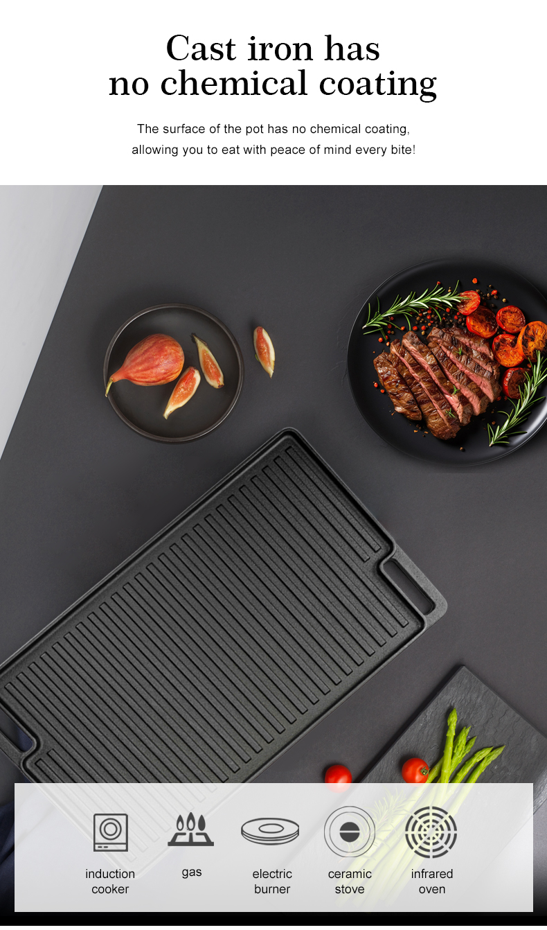Double-sided cast iron grill/grill tray, pre-treated cooking surface - smooth and ribbed - suitable for stoves, barbecues or bonfires