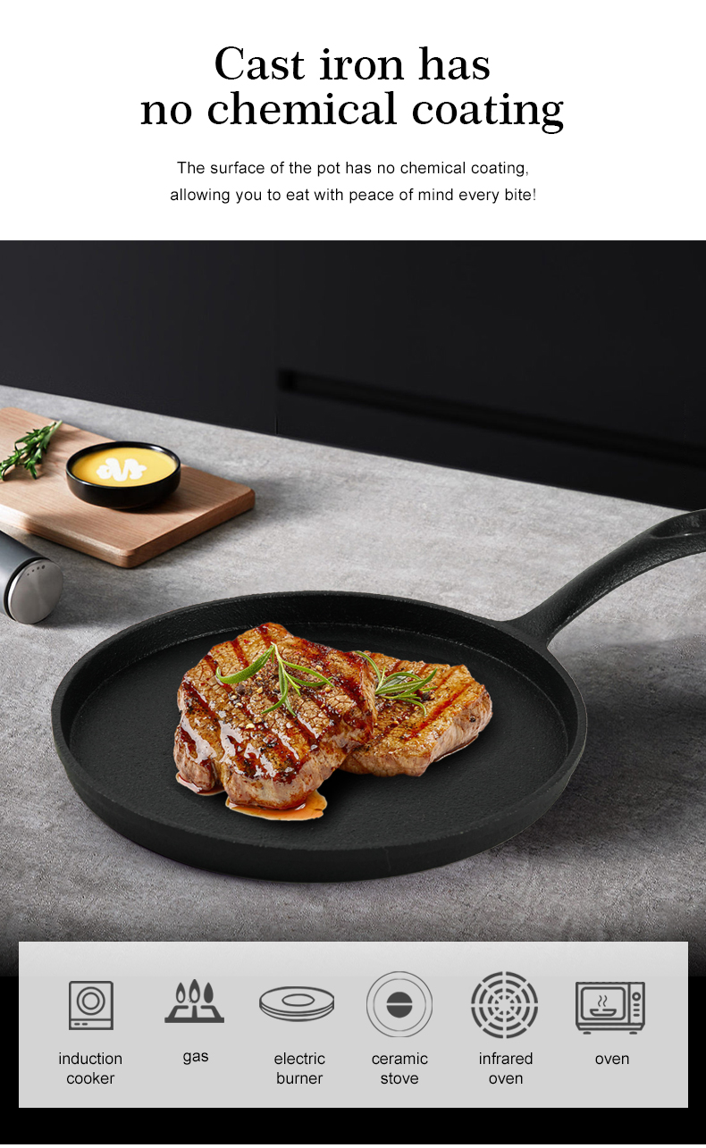 Pre-treated cast iron pizza pan round frying pan, suitable for pizza, crepe and pancakes