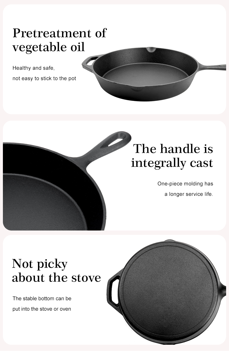 Pre-treated cast iron frying pan with handle, suitable for ovens, uniform heating, heavy-duty large size