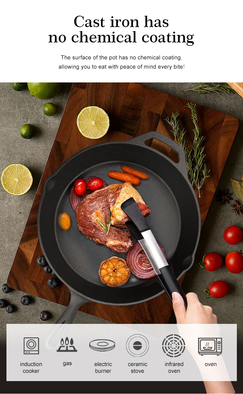 Pre-treated cast iron frying pan with handle, suitable for ovens, uniform heating, heavy-duty large size