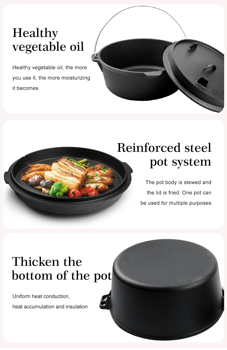 2-in-1 cast iron Dutch pan with a frying lid, suitable for baking, frying, baking, cooking and grilling - multi-functional cast iron cookware