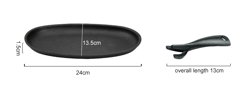 Oval cast iron Fajita frying pan steak plate with wooden base and cast iron handle, suitable for family restaurants, barbecues, weddings, autumn parties