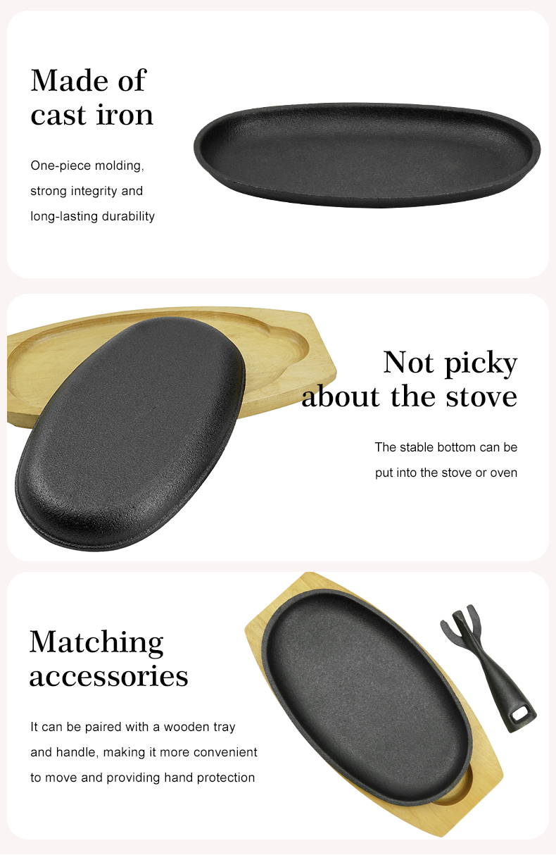 Oval cast iron Fajita frying pan steak plate with wooden base and cast iron handle, suitable for family restaurants, barbecues, weddings, autumn parties