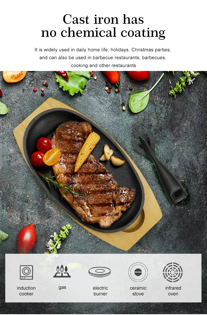 Oval cast iron Fajita frying pan steak plate with wooden base and cast iron handle, suitable for family restaurants, barbecues, weddings, autumn parties