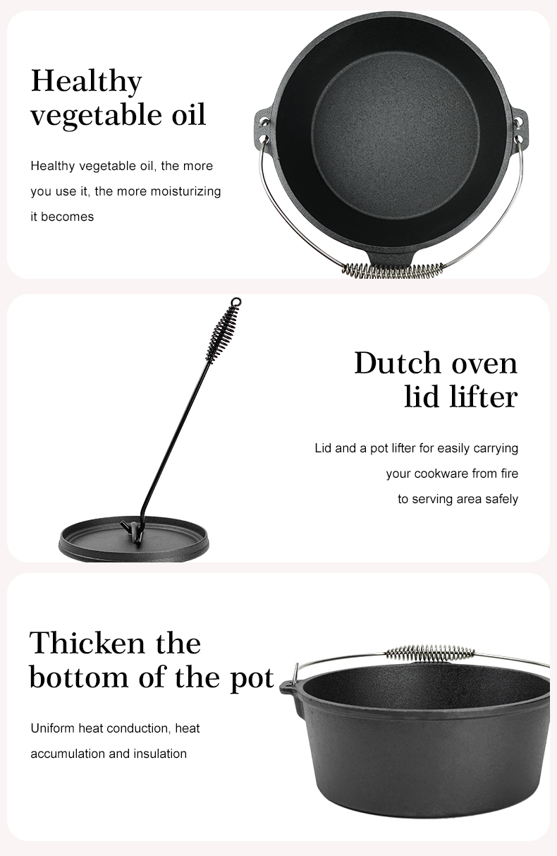 Camping cooking 7-piece set, pre-treated cast iron frying pan with lid, suitable for outdoor barbecues, cooking utensils and frying pan set