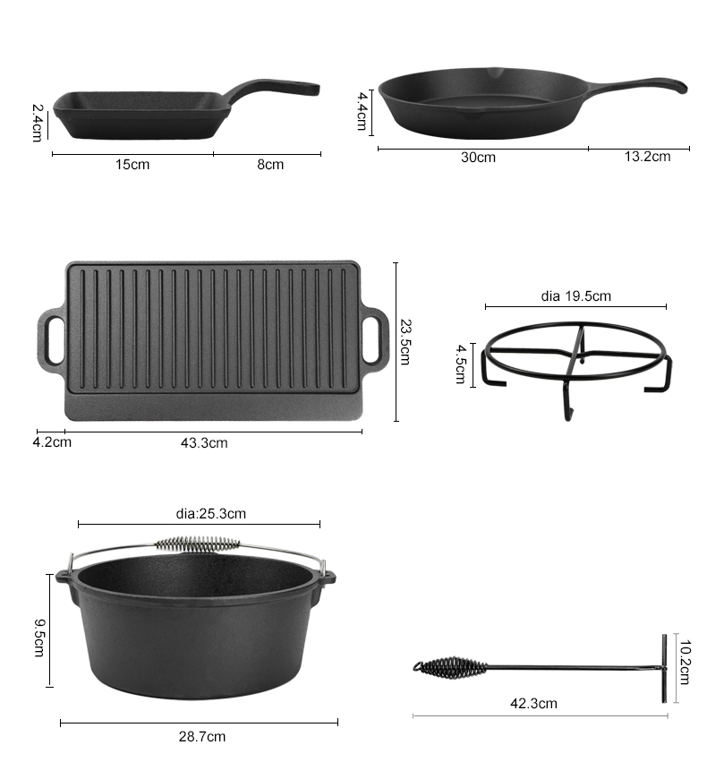 Camping cooking 7-piece set, pre-treated cast iron frying pan with lid, suitable for outdoor barbecues, cooking utensils and frying pan set