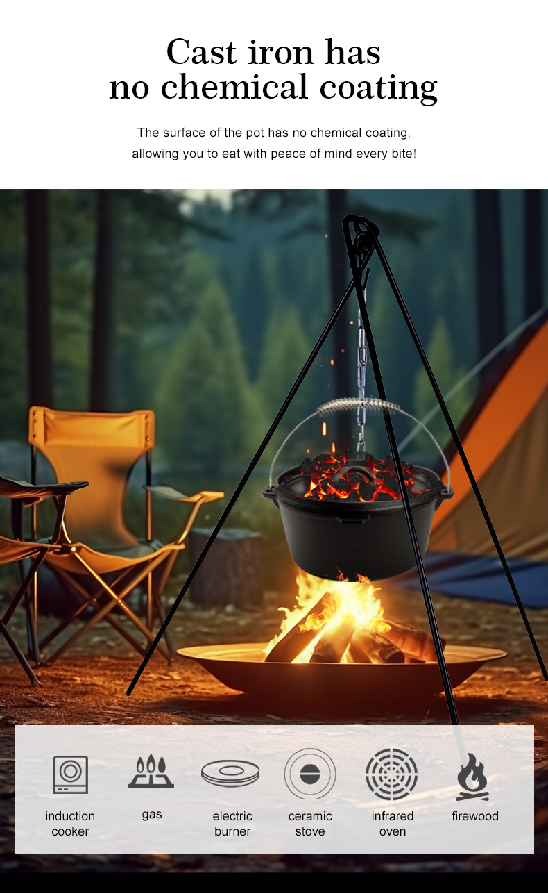 Camping cooking 7-piece set, pre-treated cast iron frying pan with lid, suitable for outdoor barbecues, cooking utensils and frying pan set